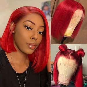 200% Density Bright Red 13x4 Lace Frontal Straight Brazilian Human Hair Bob Wig